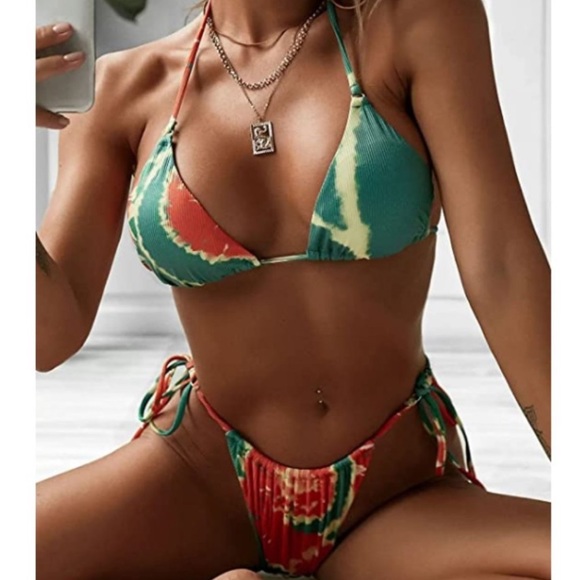 Halter Ribbed Tie Dye String Tanga Bikini, Size Small - Picture 1 of 6
